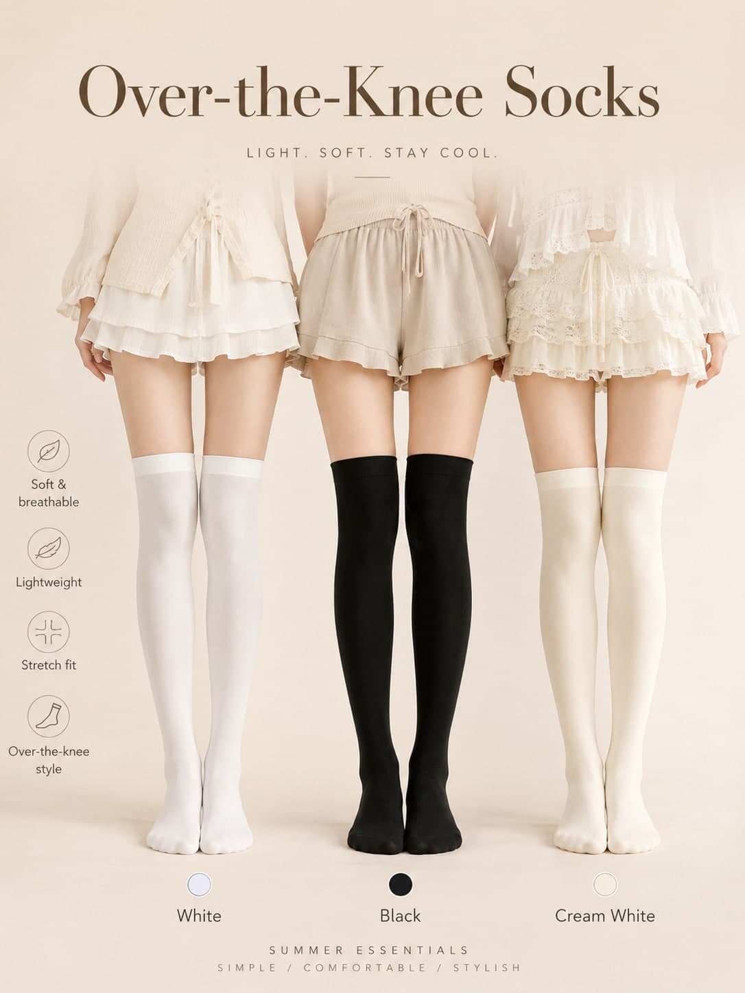 1 Pair Women's Thigh High Socks, Soft Stretchy Over-The-Knee Stockings In White/Black/Cream, Summer JK Style Long Socks