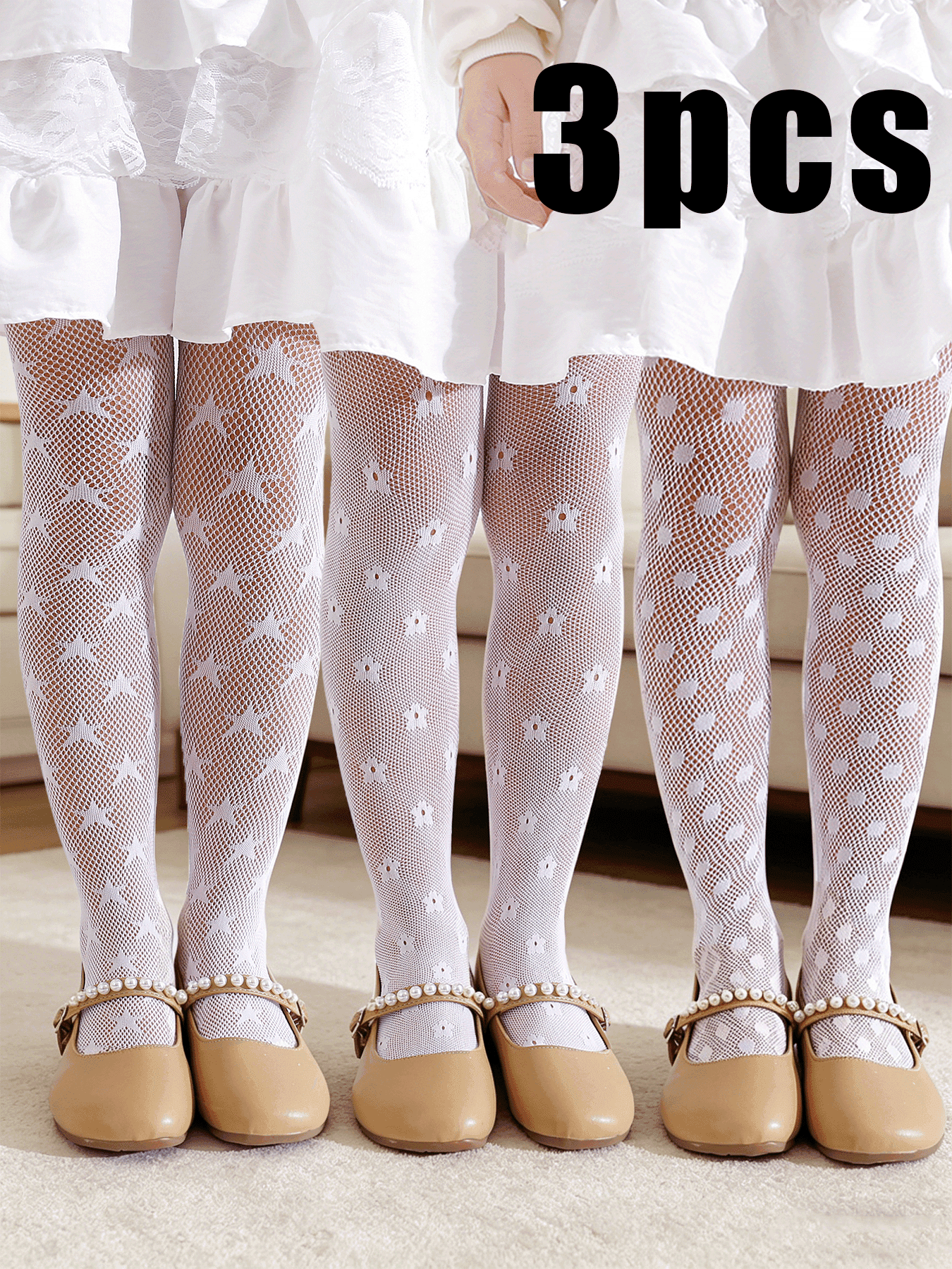 1 Set Different Styles Fishnet Tights, 3 Pairs White Lace Fishnet Tights For Kids, Breathable Hollow Out Pantyhose For Girls Daily / Dance / Mosquito Protection