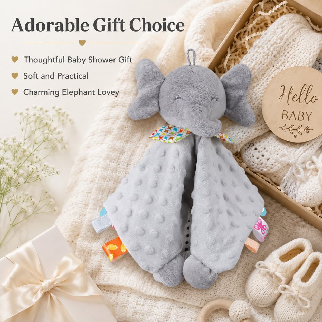 1pc Gray Elephant Baby Comforter Blanket, With Colorful Satin Label, Soft Plush Soothing Toy, Suitable For Newborn Boys & Girls, Baby Shower Gift