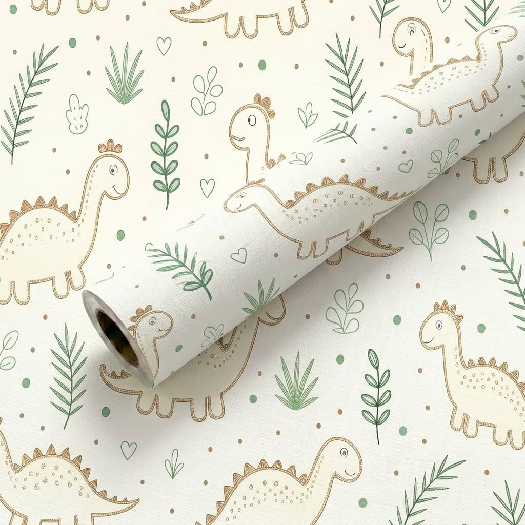 1 Roll 17.5 Inch (44.5 Cm) Minimalist Line Dinosaur Plant Pattern Self-Adhesive Wallpaper, Neutral Children's Self-Adhesive Mural, Removable Contact Paper Suitable For Boys Girls Playroom Toddler Room
