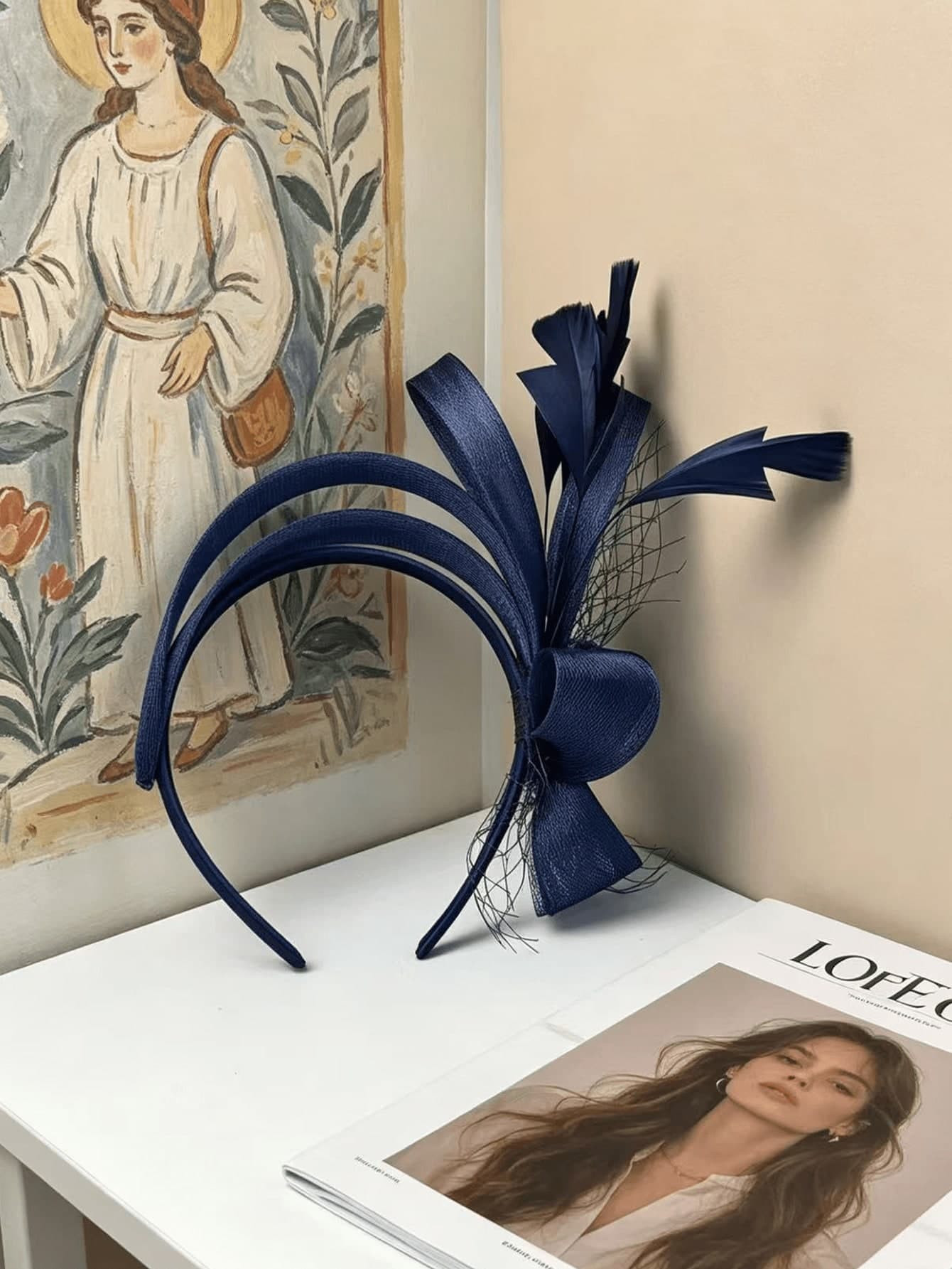 1pc Navy Blue Mesh & Feather Decorated Fascinator Hat, Suitable For Kentucky Derby, Cocktail Party, Wedding, Performance, Masquerade Ball And Other Occasions, Mini Hat, Bridal Headpiece, Casual Elegant, Versatile Daily Wear