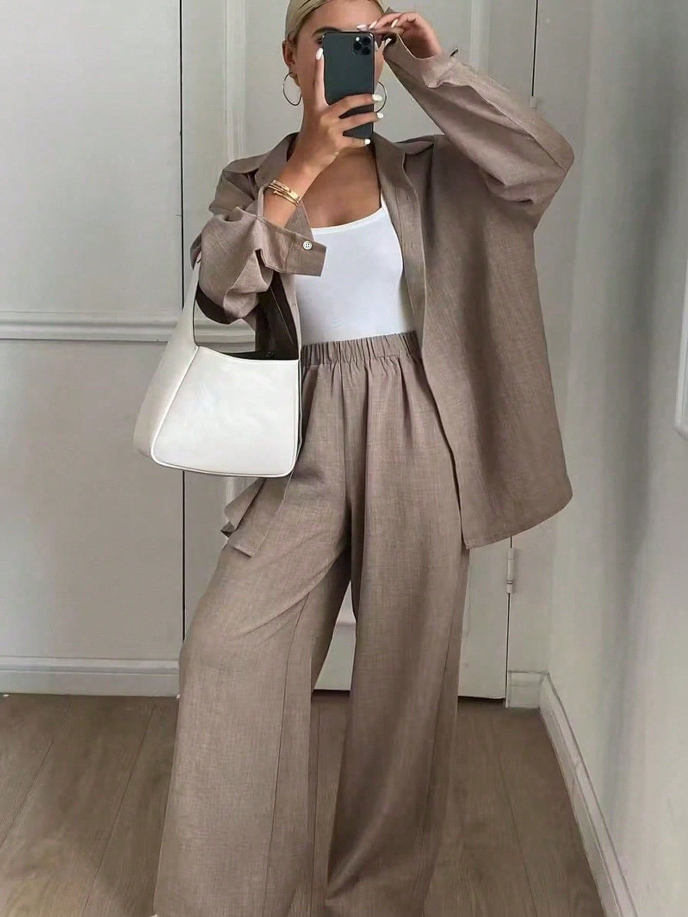 Women's Solid Color Loose Shirt And Wide Leg Pants 2 Pieces Set, Casual Chic, Suitable For Vacation, Daily Wear, Summer, Effortless Style