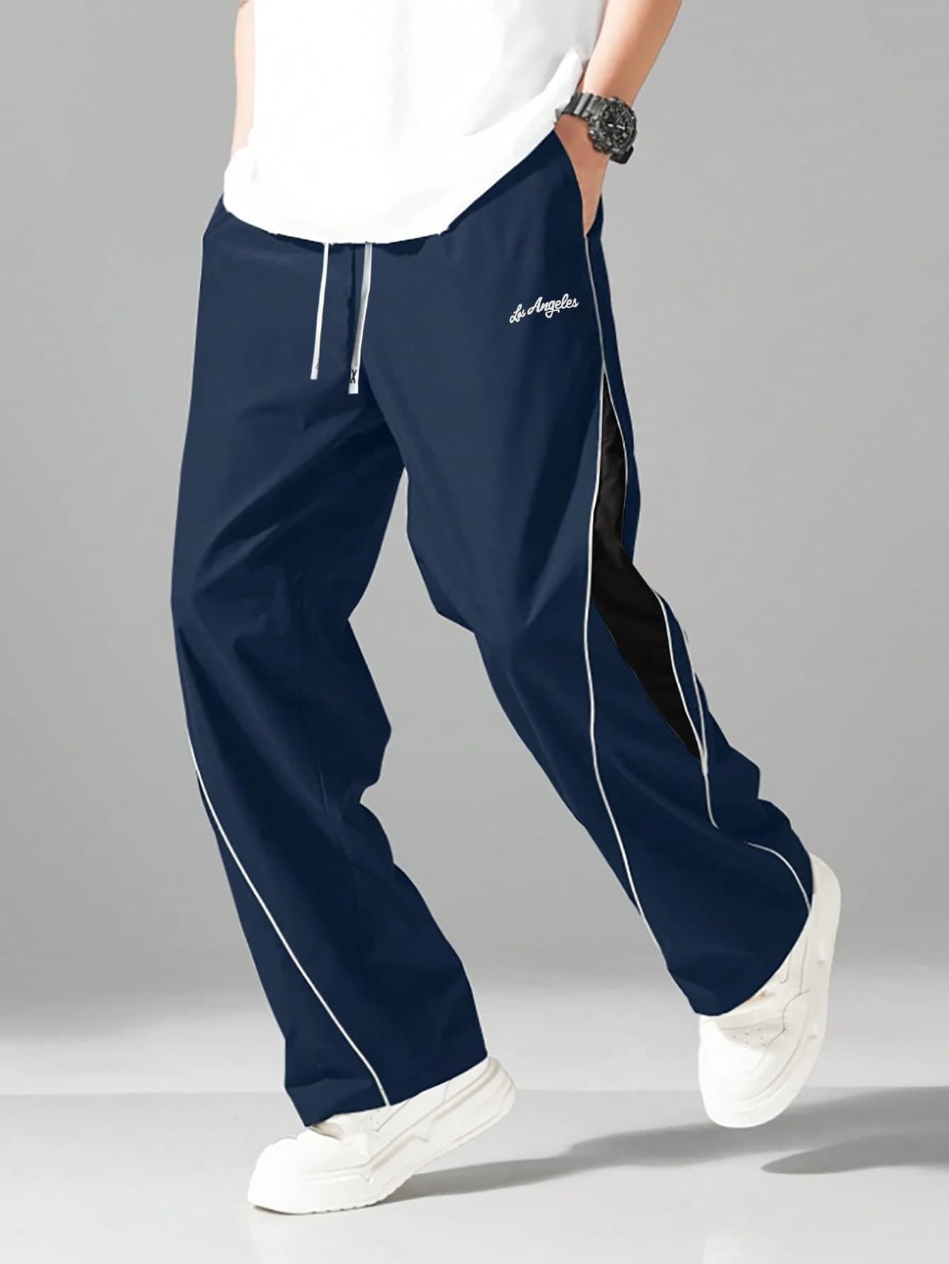 1pc Teen Boys Loose Streetwear Drawstring Waist Colorblock Sports Long Pants, Polyester Material Thin Style