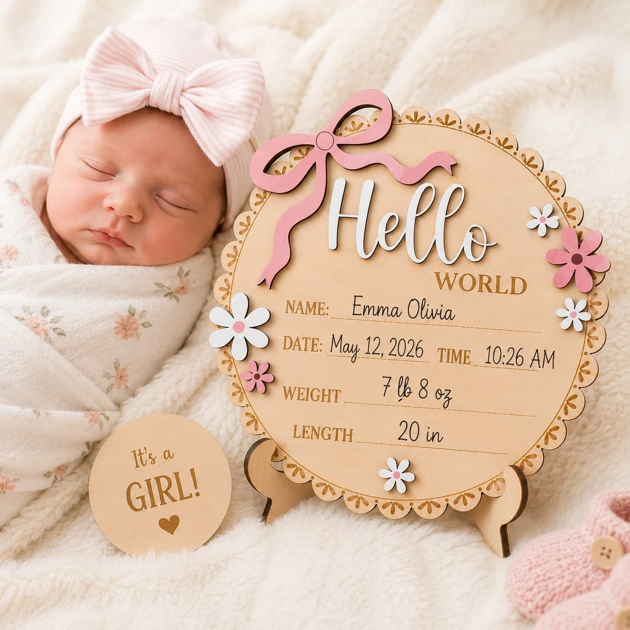 Pink Floral Newborn Baby Girl Birth Announcement Wooden Plaque, Includes Baby Name, Date Of Birth, Time, Weight, Length, Suitable For Baby Girl Room Decor, Photo Prop, Keepsake Souvenir, Newborn Announcement Sign, Baby Birth Stats Board, Hello World Sign, Baby Keepsake, Hospital Photo Prop, Nursery Decor, Wooden Baby Name Sign