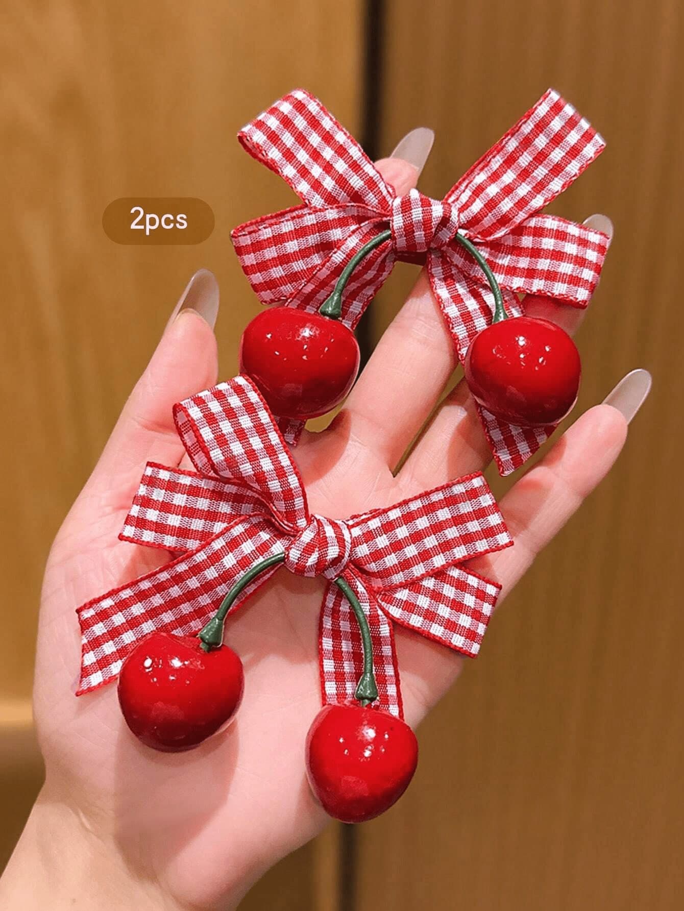 1/2pcs Cherry Hair Clips Red Plaid Bow Hair Clips Cute Plaid Ribbon Hair Pins Sweet Cute Hanging Hair Accessories For Women Girls Summer Picnic Supplies