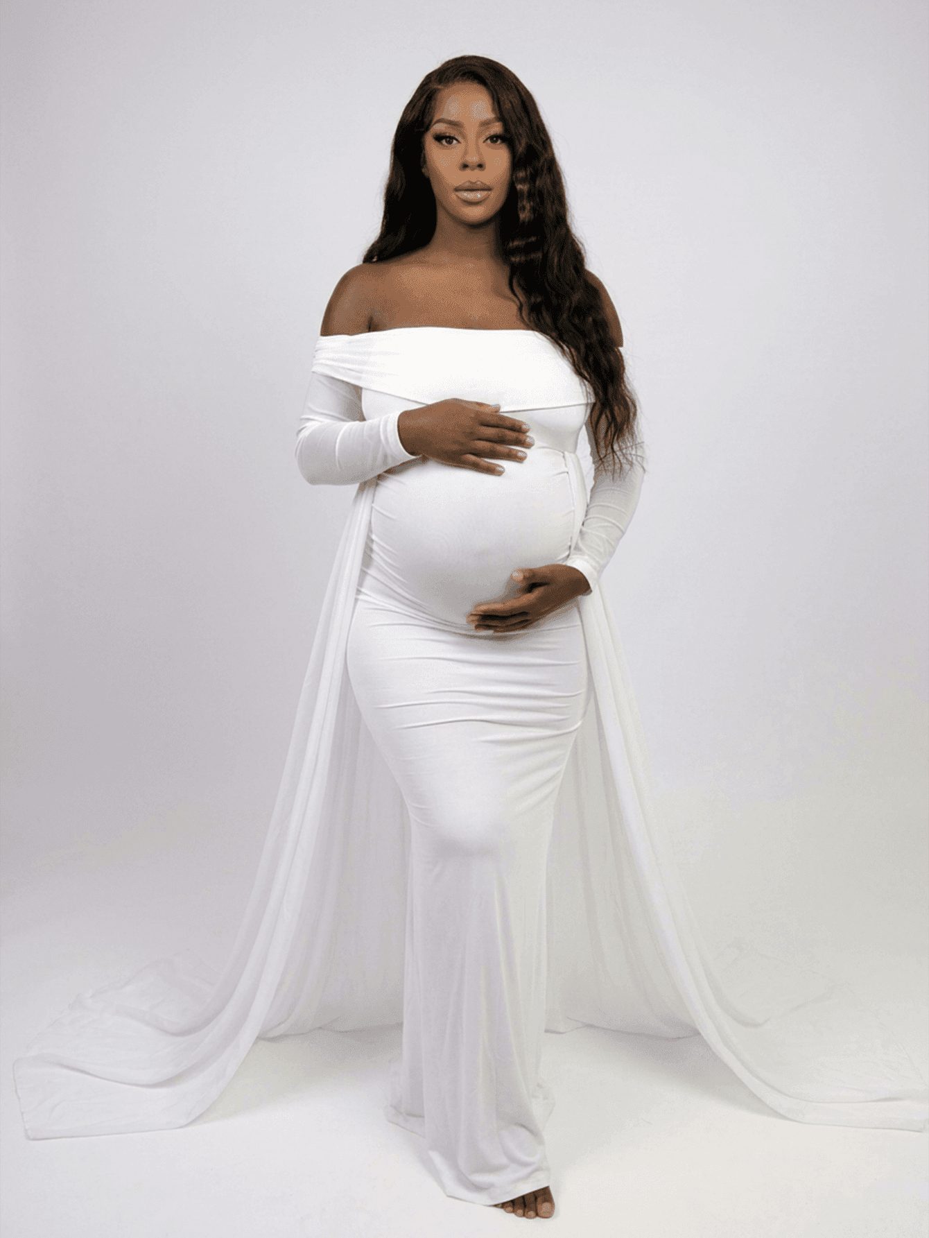 JustVH Maternity Long Sleeve Off-Shoulder Mesh Dress, Suitable For Baby Shower, Cape Style Long Dress White Spring