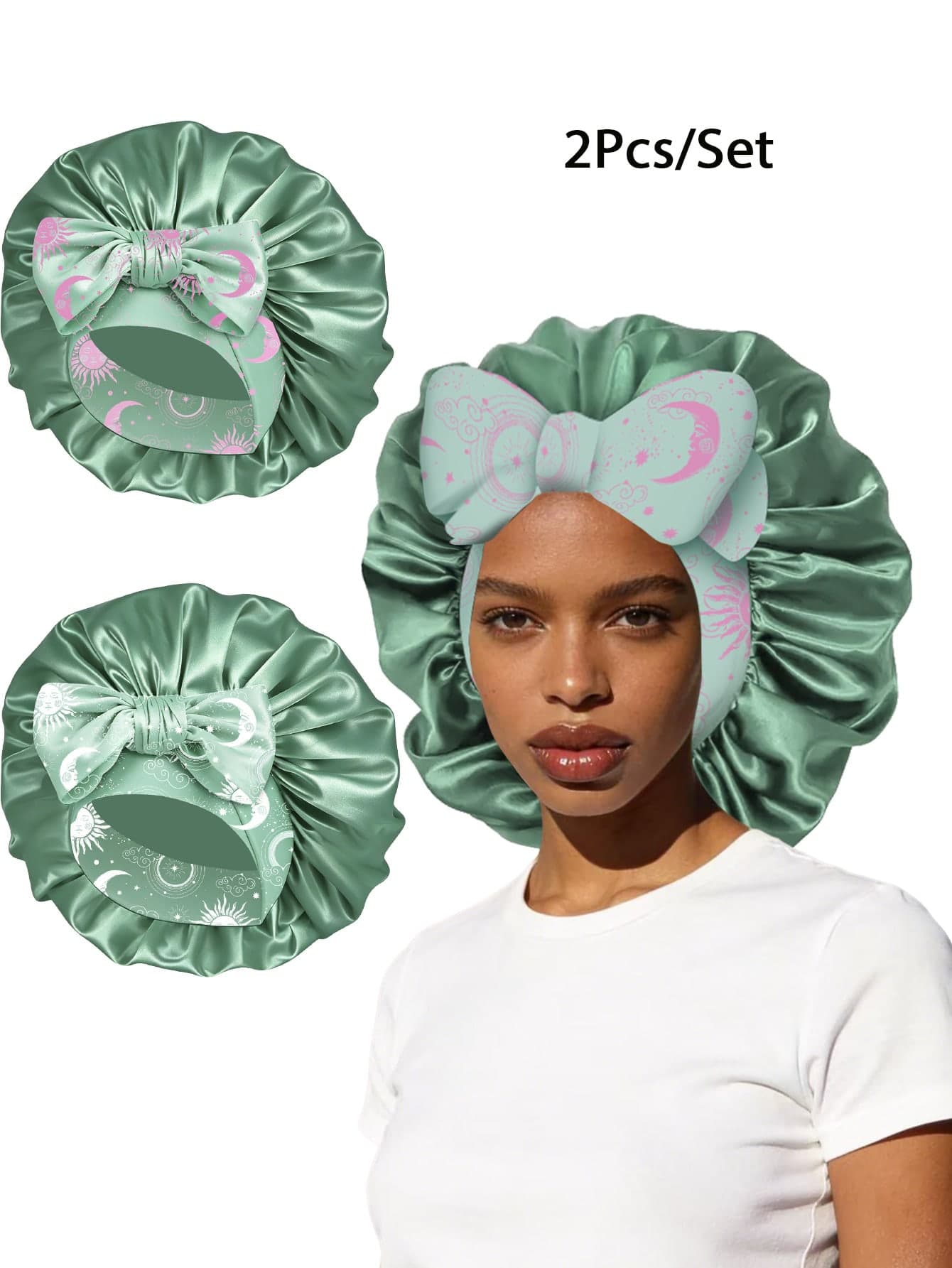 2pcs Women's Solid Color Satin Tie Sleep Cap, Comfortable Casual Daily Sleep Cap & Hat (Random Print)