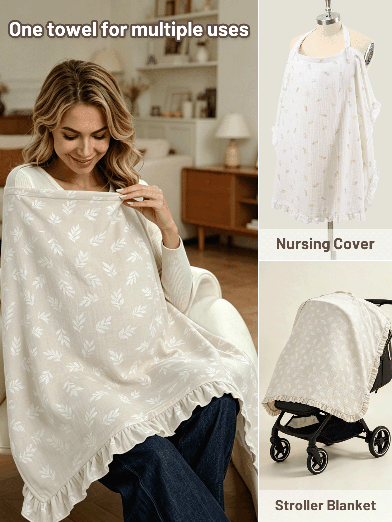 1pc Soft Floral Print Lace Trim Nursing Cover, Comfortable Skin-Friendly For Newborn Feeding, Spring/Summer All-Season Car Seat Sun Shade, Multi-Function Baby Stroller Canopy