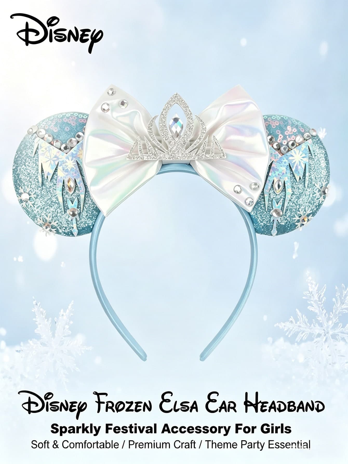 2pcs Disney Frozen Elsa & Minnie Ear Headbands, Premium Blue Sparkling Crystal Crown Rainbow Bow Hair Accessories, Theme Park & Cosplay Party Hair Clips For Girls, Women's Fashion Essential