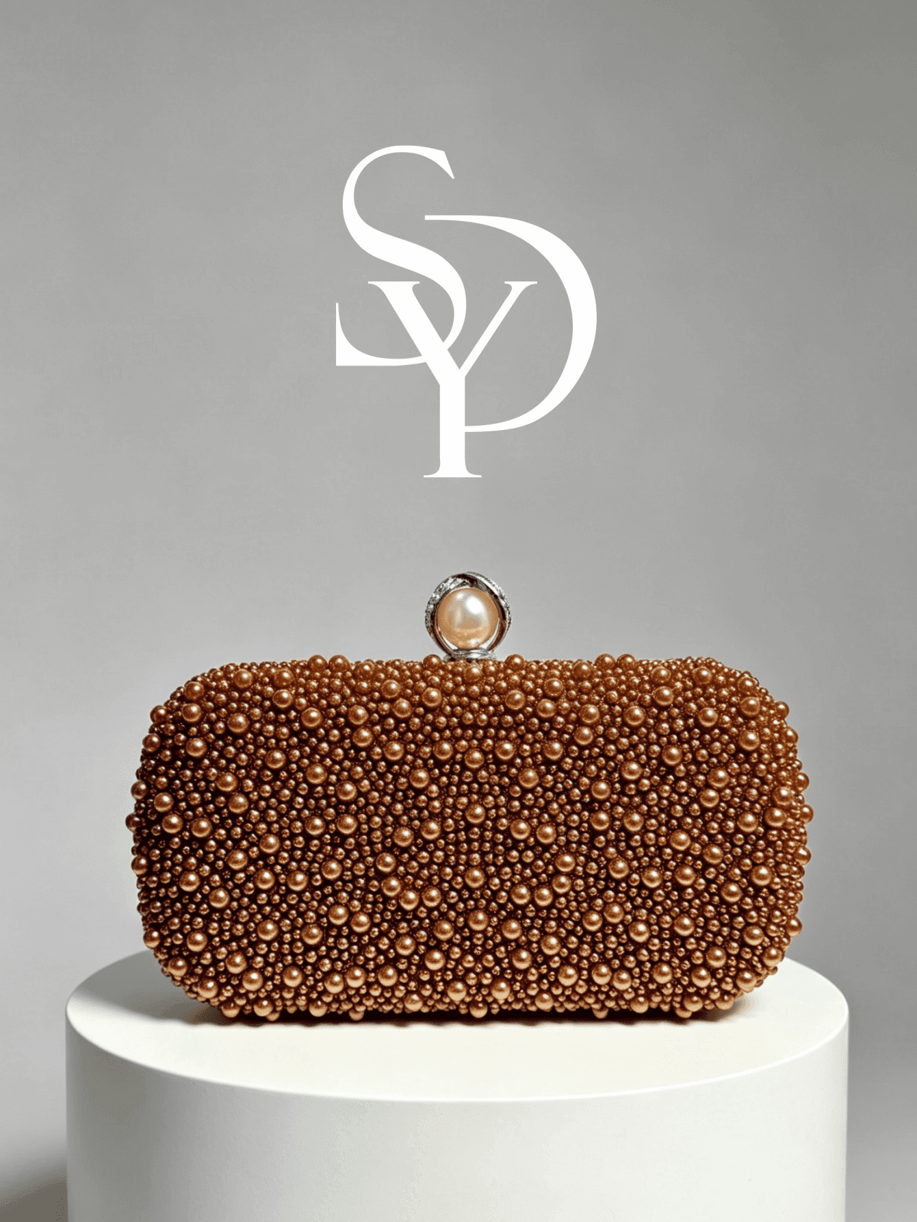 Brown Faux Pearl Decorated Evening Clutch, Luxury Hard Shell Box Wallet With Pearl Clasp, Suitable For Wedding/Party/Ball/Banquet