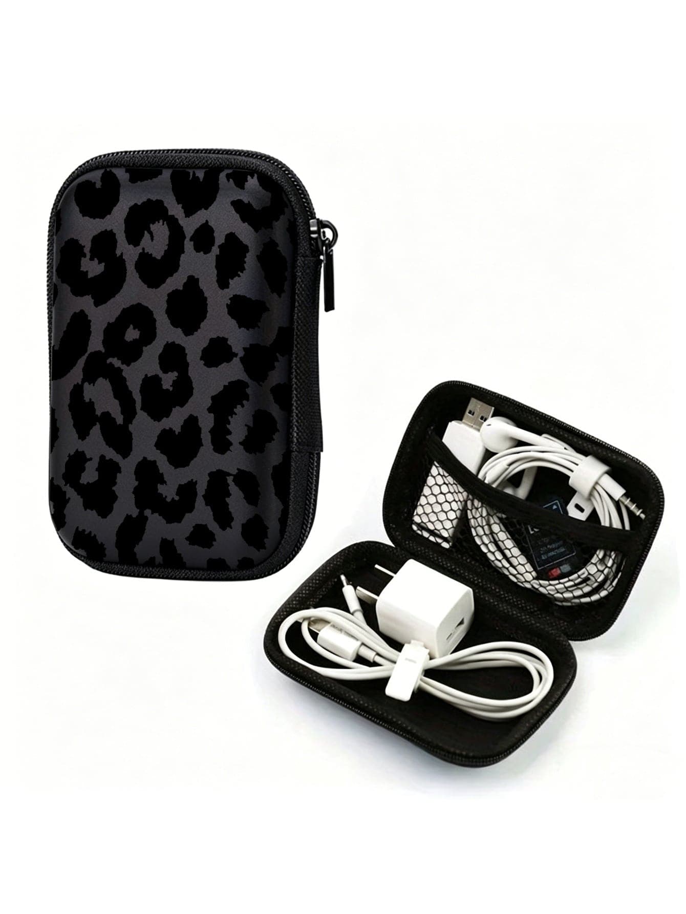 Black Leopard Print EVA Hard Shell 4.3-Inch Compact Storage Case - Travel Protective Storage Bag, Suitable For Electronic Accessories, Earphones, Hard Drives And Data Cables; Anti-Drop Zipper Pouch (Storage Case Only)