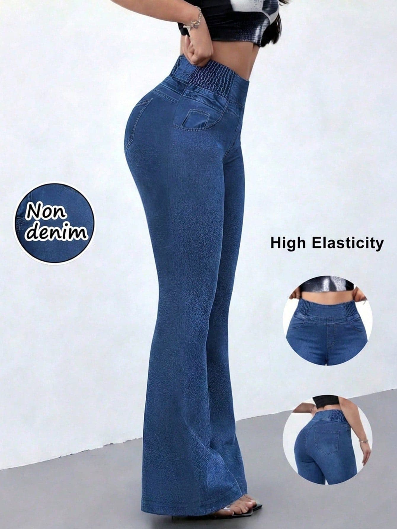Women's High Stretch Flare Pants With Denim Print - Slim Retro Style Trousers, Comfortable Breathable Casual