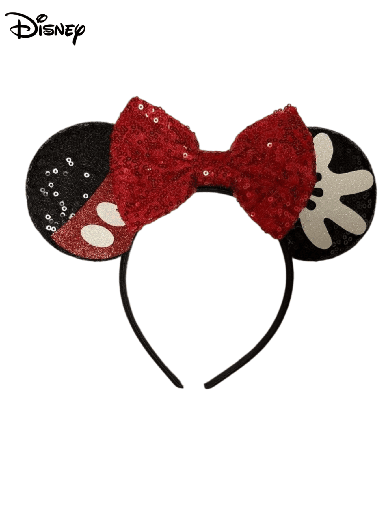 1pc Disney Mickey Black+Red+Palm Sequin Headband, Mickey Black+Red+Palm Sequin Headband - Holiday Party Headband, Headwear, Fun Photo Prop, Amusement Park Accessory, Suitable For Birthday Party And Easter Event, With Bow Cute Cartoon Hair Accessory, Princess Costume Accessory, Suitable For Disney Fans