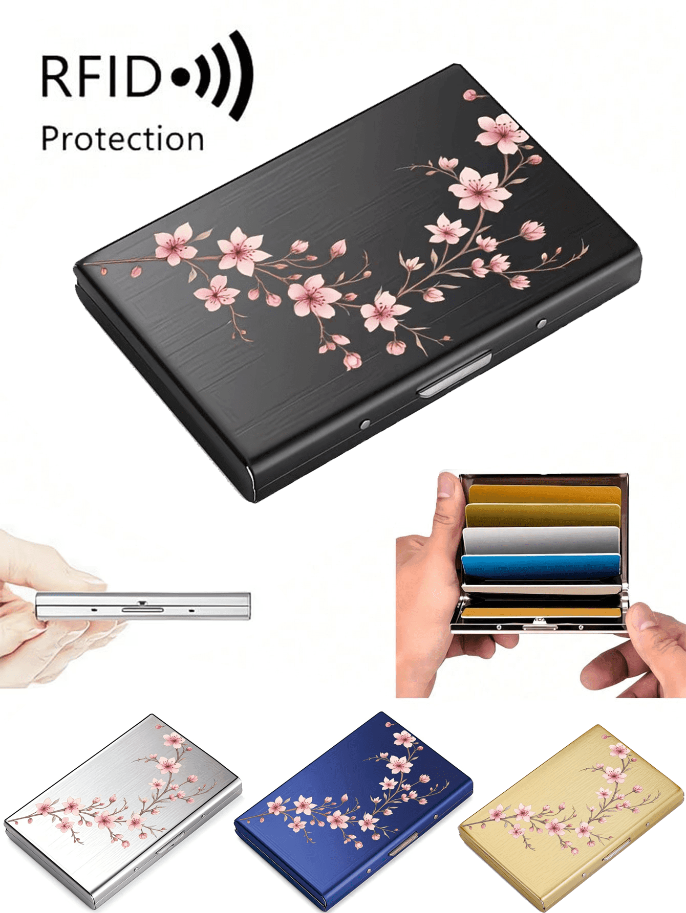 RFID Anti-Theft Universal Metal Card Holder Pink Peach Blossom Pattern RFID Anti-Theft Unisex Metal Card Holder, Bank Card Storage Box, Fashion Accessory, Credit Card Wallet, Card Organizer, Ultra-Thin Metal Card Holder