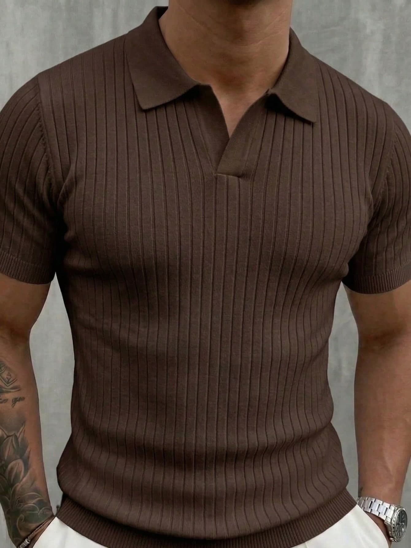 Men's Solid Color Casual Turn-Down Collar Short Sleeve Knit Top