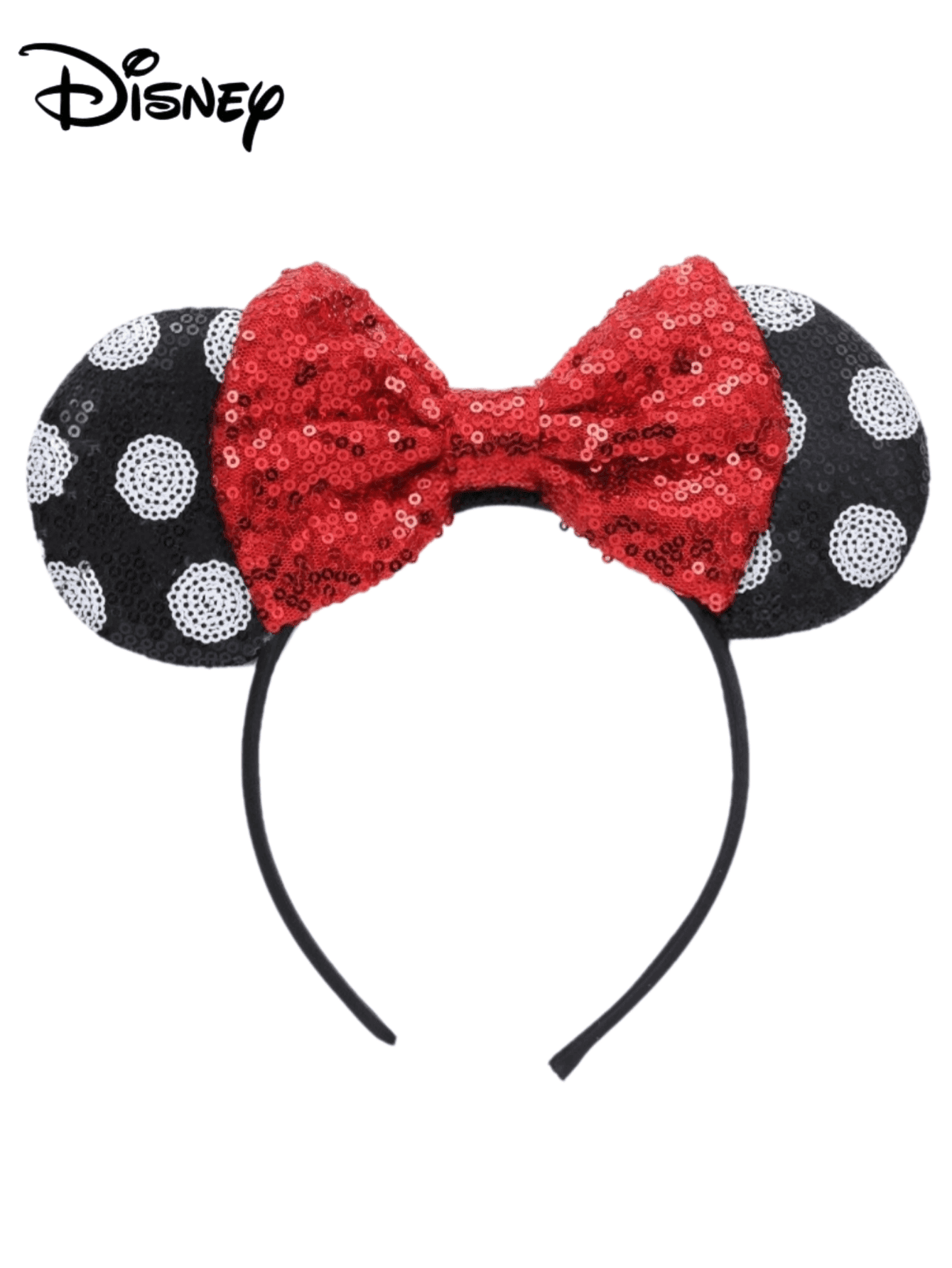 Disney 1pc Black Polka Dot + Red Bow Hairband, Sequin Bow Headband, Cartoon Hairband With Sequins, Suitable For Amusement Park Photos, Holiday Parties