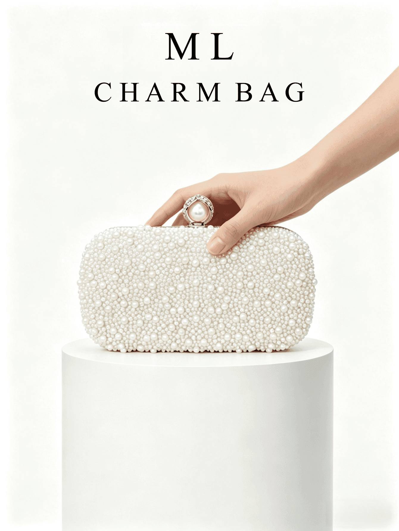 1pc Elegant Beige Full Pearl & Rhinestone Clutch Evening Bag