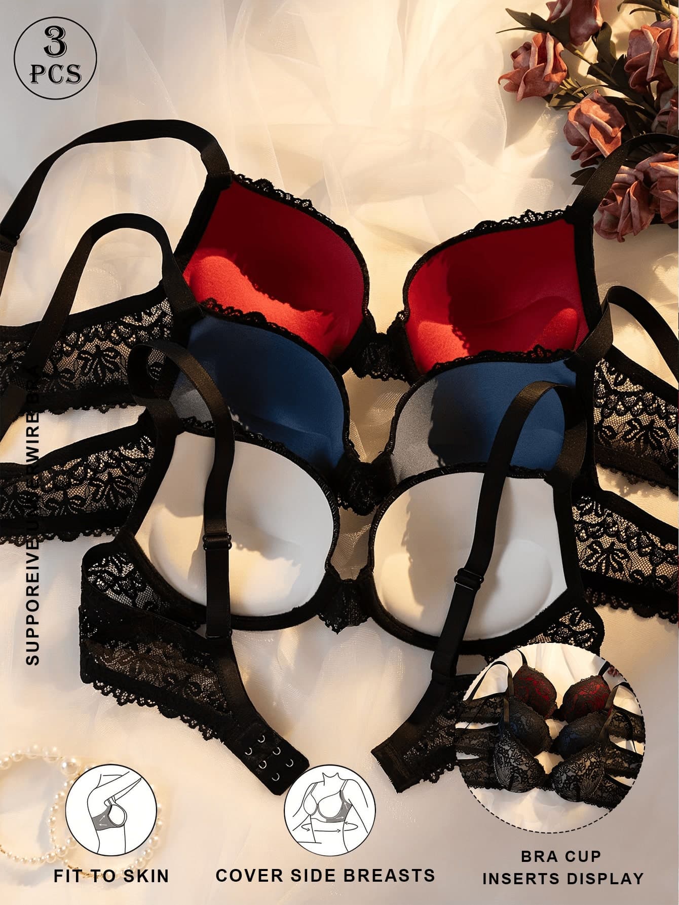 3 Packs Women Underwire Floral Lace Push Up Bra, Solid Scalloped Trim Adjustable Straps Side Support Invisible Casual Bra