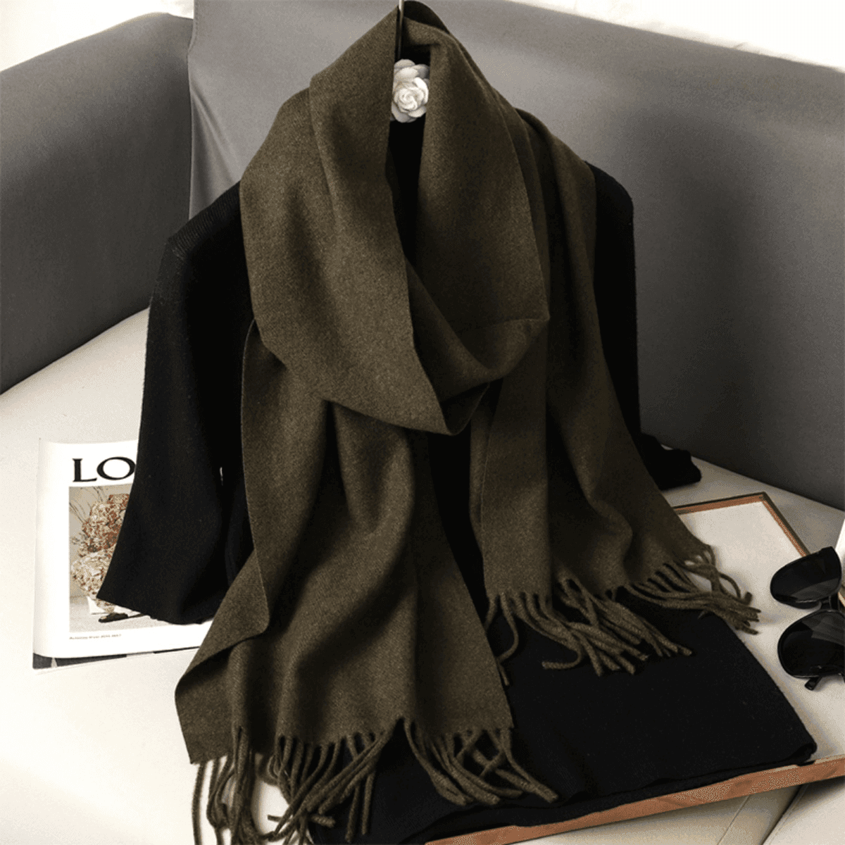 1pc Autumn/Winter Fashion Elegant Solid Color Wool Warm Pashmina Scarf, Unisex Casual Cold-Proof Tassel Shawl, Suitable For Daily Wear
