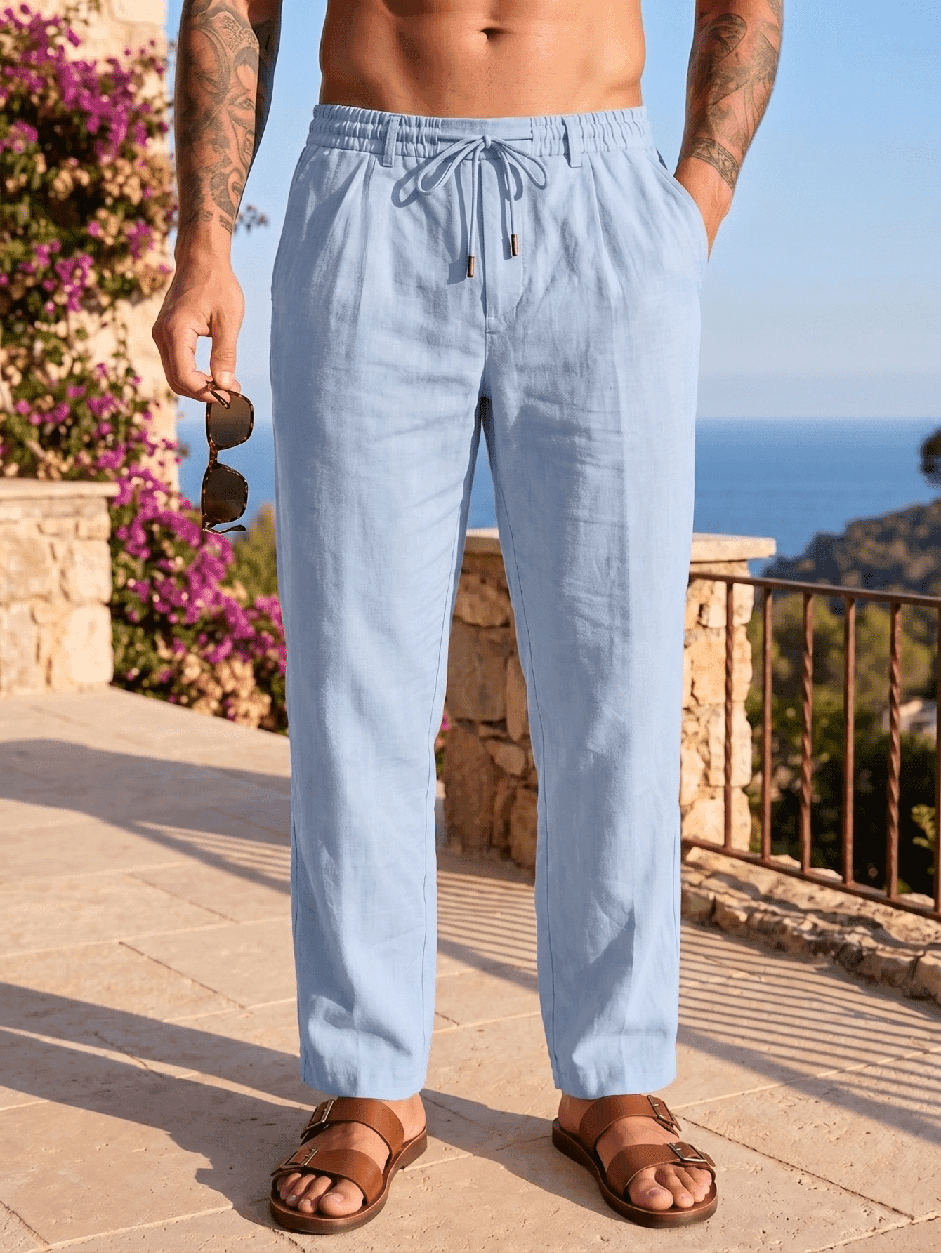 Men's Linen Casual Drawstring Elastic Waist Long Pants, Loose Lightweight Summer Beach Vacation Trousers