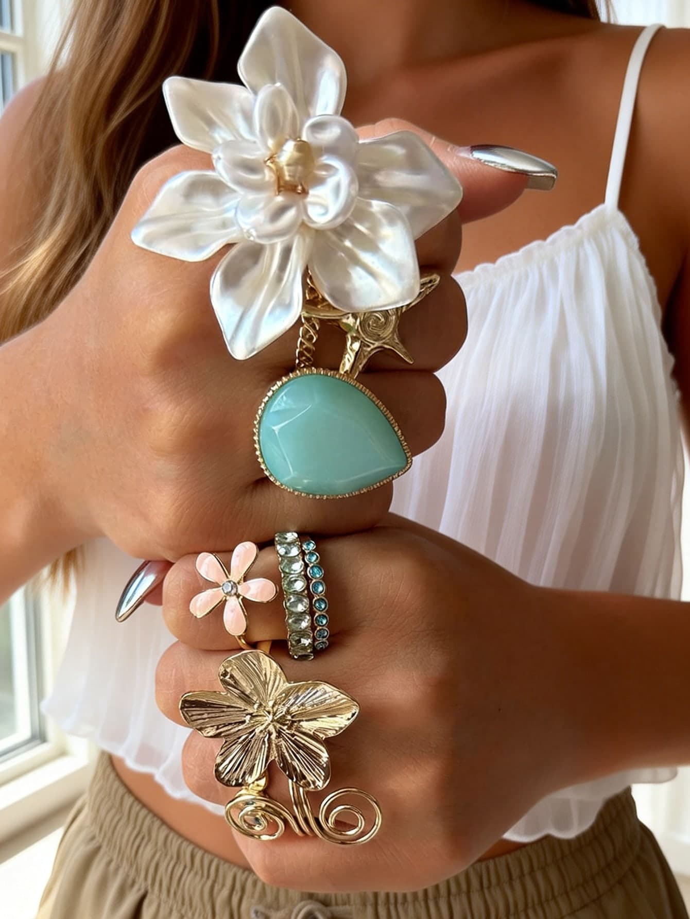 8/10 Pcs Boho Faux Pearl Plumeria Chunky Ring Set, Stackable Rings With Faux Gem, Shell & Starfish Decor, Adjustable Gold Rings For Summer & Daily
