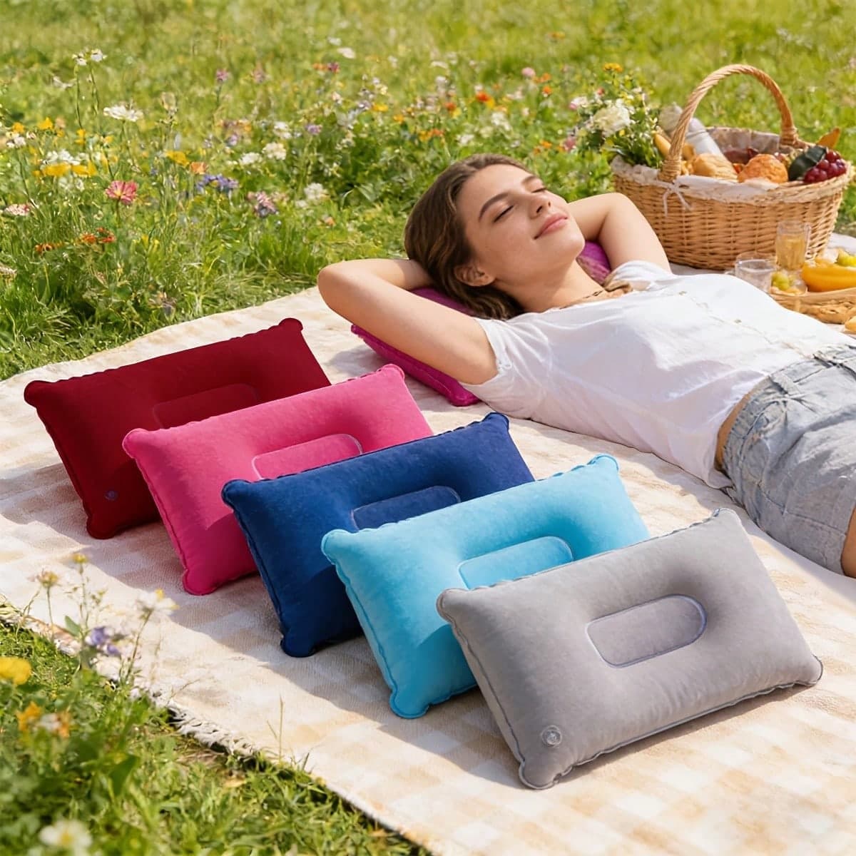1pc Square Inflatable Travel Pillow, Portable & Foldable, Flocked Material, Suitable For Outdoor Camping, Car And Airplane Neck Support, Also Suitable For Lumbar Support, Suitable For Long-Haul Flights And Road Trips, Comfortable Aviation Accessory, Elegant Travel Accessory, Durable Inflatable Material, Inflation Pump Needs To Be Purchased Separately
