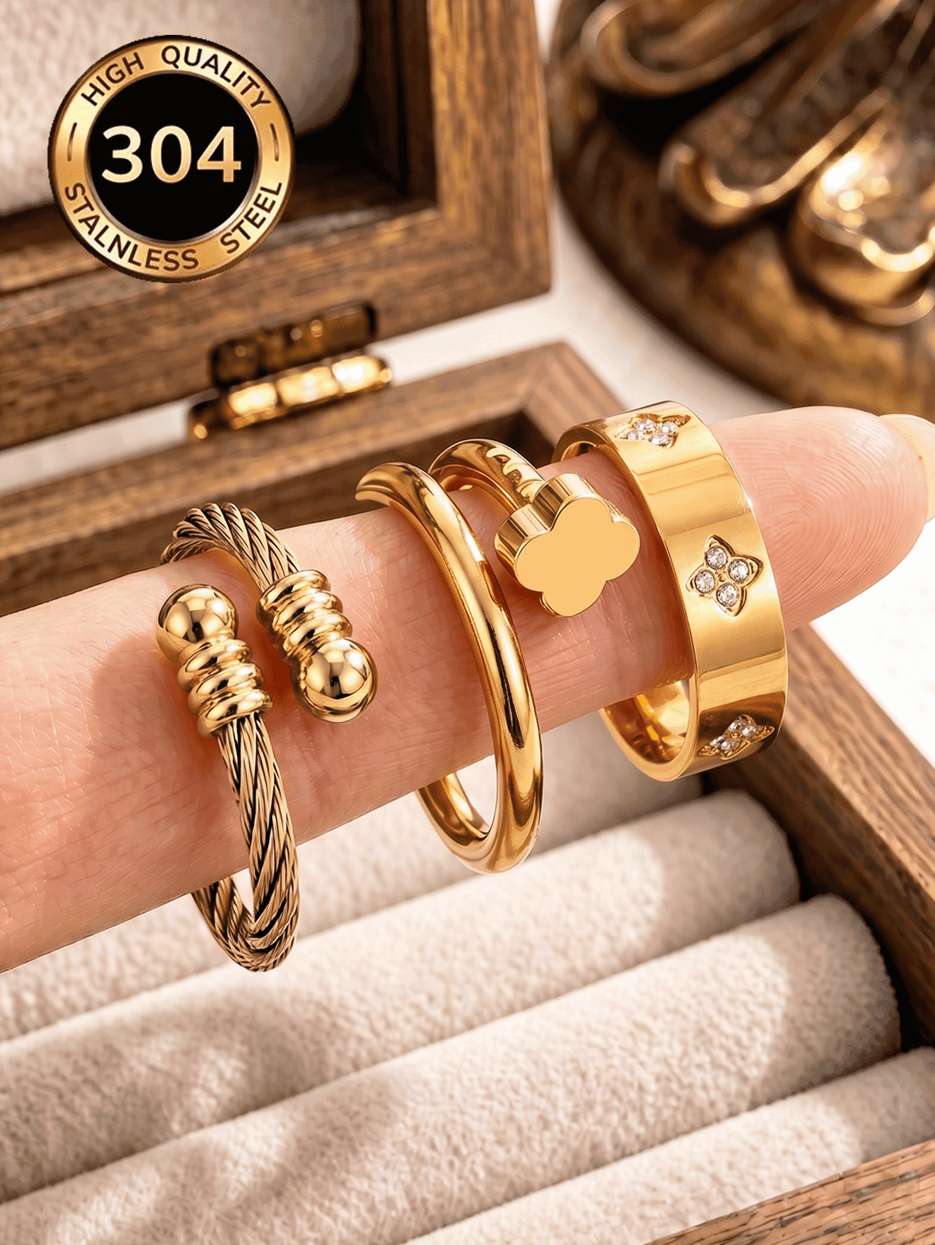 3pcs 18K Gold Plated Delicate Luxury Sparkling Ring Set, Stainless Steel Jewelry Set, Multiple Sizes Available, Solves Your Size Anxiety, Waterproof, Wear-Resistant, Hypoallergenic, Suitable For Women's Daily Wear, Party, Gift, Vacation, Fashion Jewelry