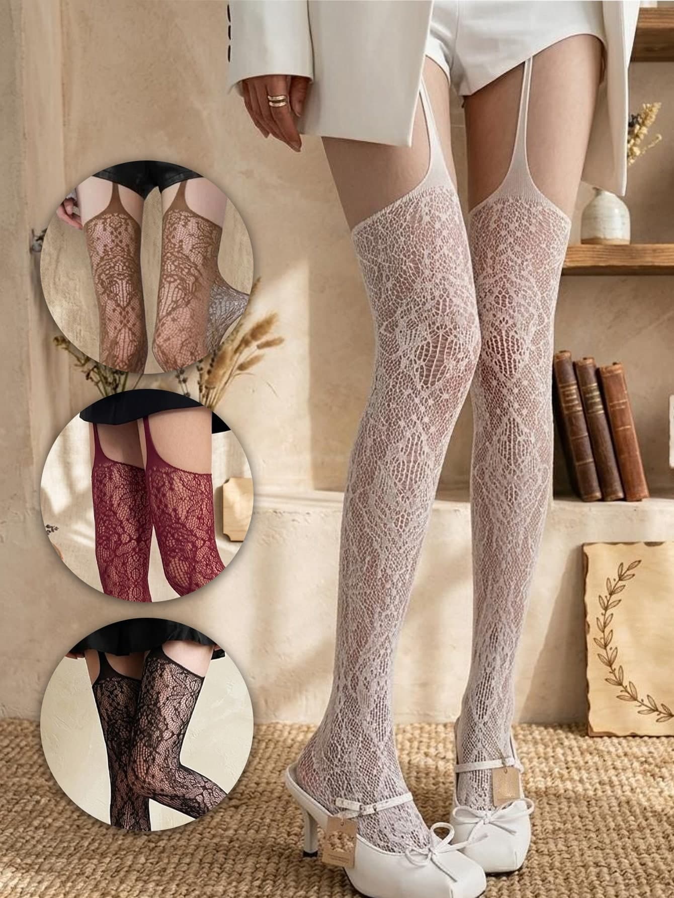 1 Pair Floral Lace Fishnet Breathable Pantyhose, Sexy Cute Elegant, Suitable For Date Night And Daily Wear, Spring/Autumn Style