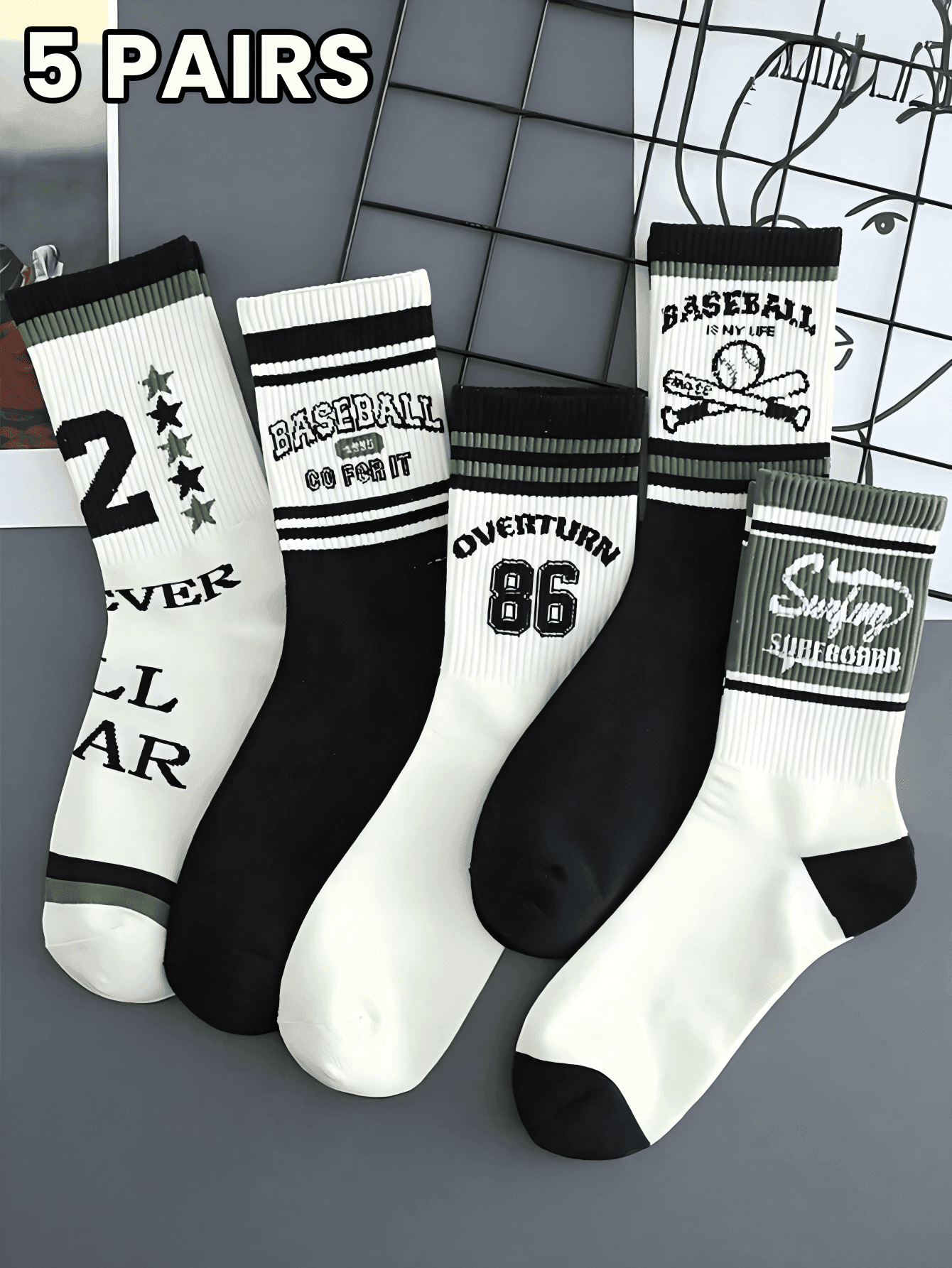 5 Pairs Unisex Baseball Letter Pattern Mid-Calf Socks, Street Sport Style, Suitable For Daily Wear, Autumn Collection