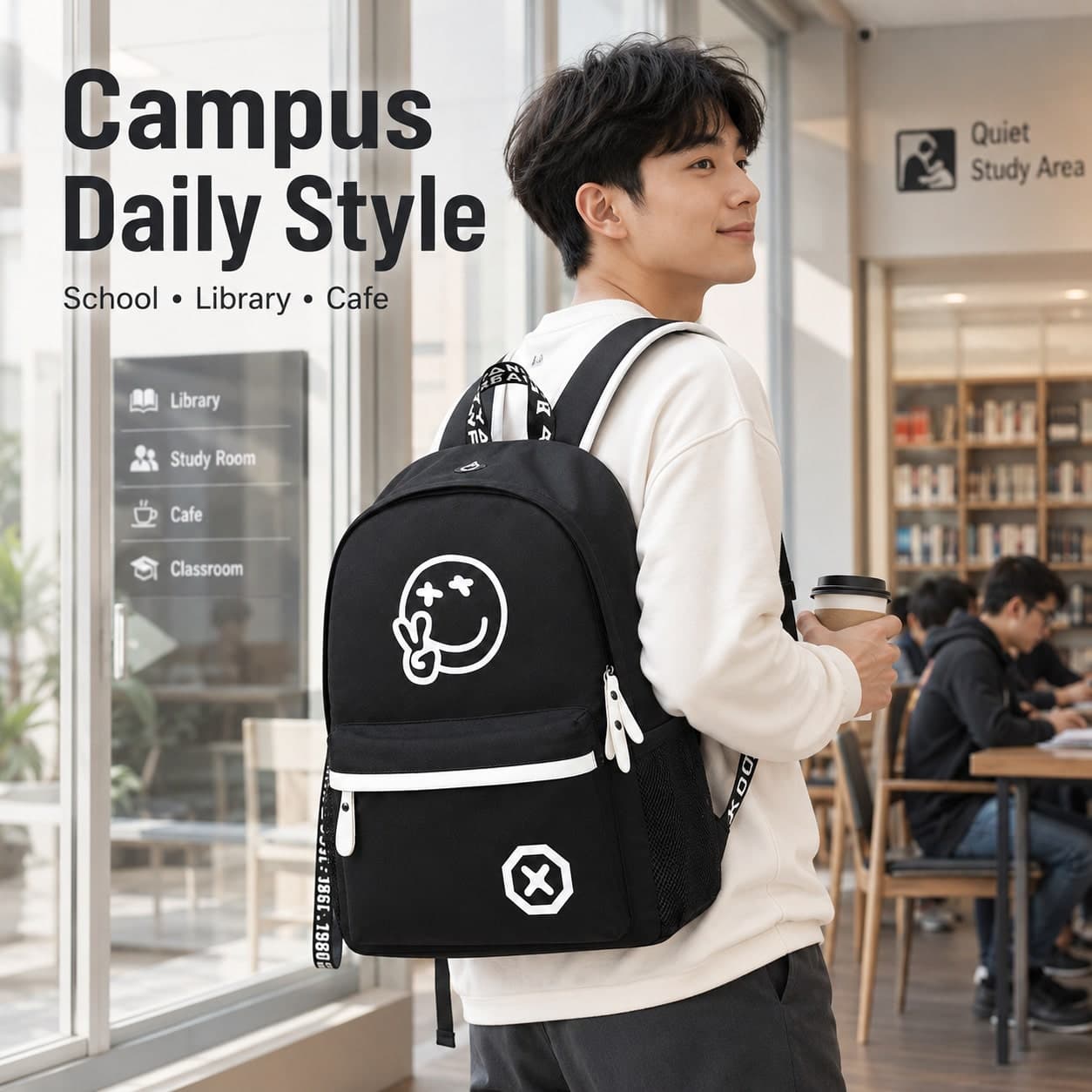 Minimalist Lightweight Pattern Fluorescent Glow-In-The-Dark Backpack/Shoulder Bag, Fabric Water-Resistant Large Capacity Adjustable Strap Casual Versatile Campus College/High School/Middle School Boys (Random Webbing Print)