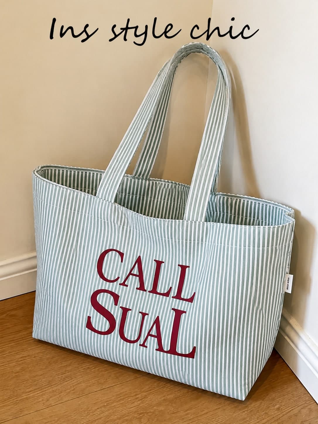 Light Blue White Vertical Stripe Canvas Tote Bag, Red Letter Double Wide Shoulder Handles Large Capacity Casual Handbag For Campus Shopping Travel