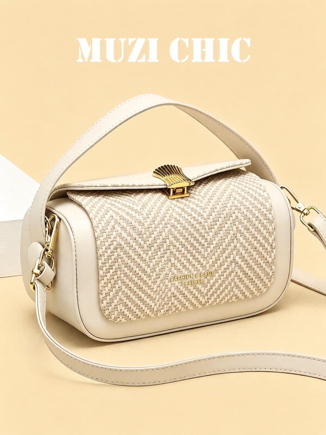 Fashion Minimalist White Handbag Single Flap Gold Metal Lock Closure Spacious Inner Layer Lightweight Ladies Purse For Campus Weekend Casual Outings
