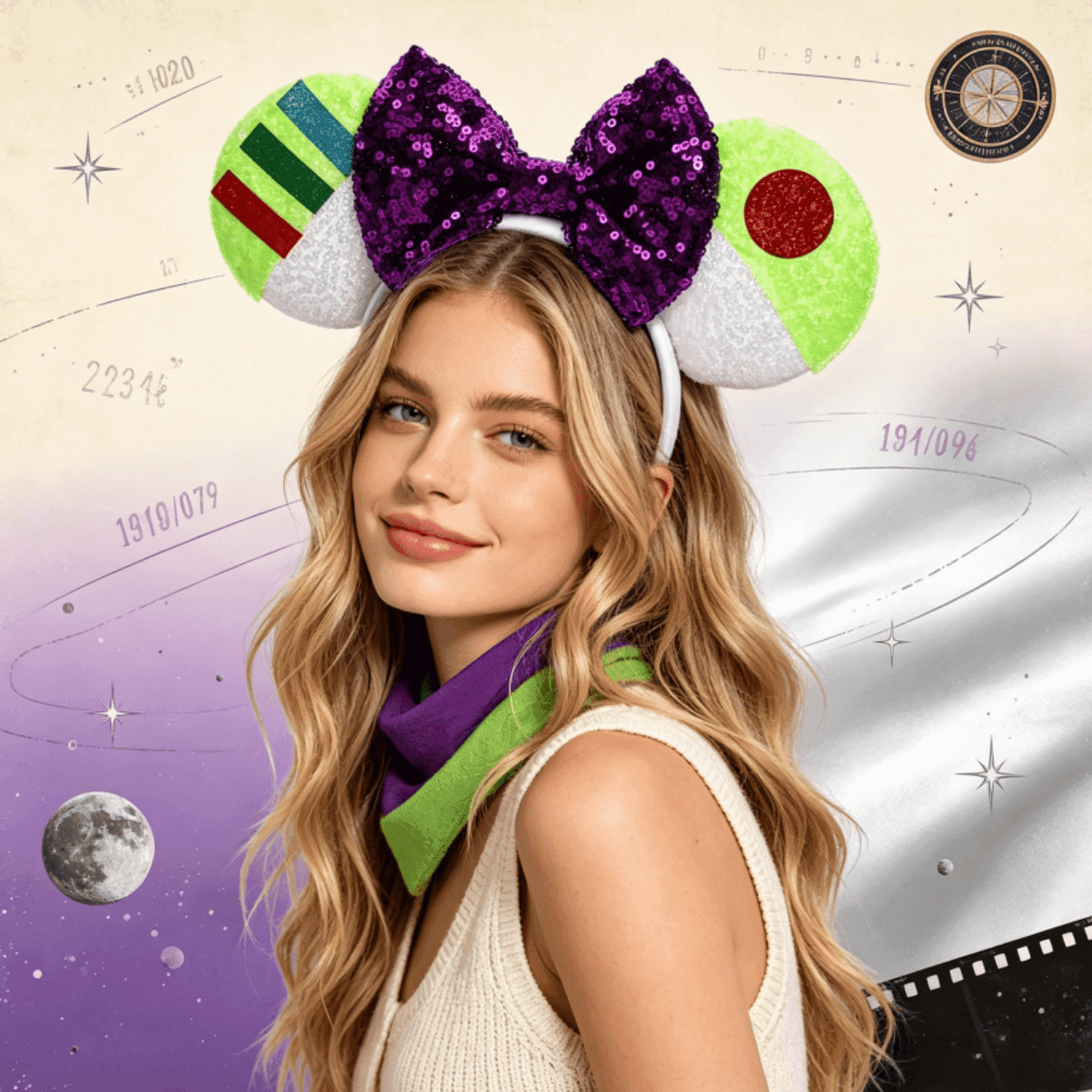 Disney Space Ranger Color Block Mouse Ears Headband Green White Seins Panels Striped & Circular Accent Purple Sequin Bow Sci-Fi Park Cosplay Hair Hoop