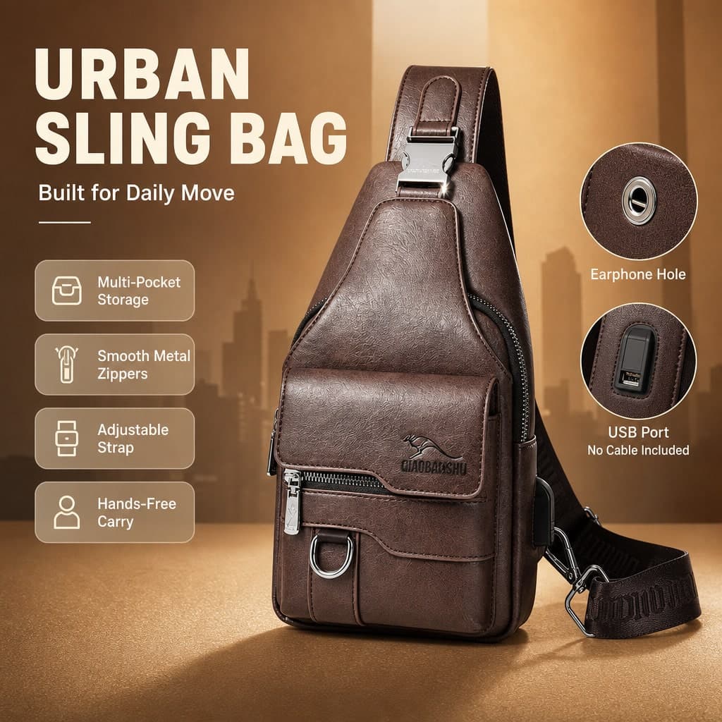 Men's Vintage Sling Bag Multi Zipper Crossbody Shoulder Bag Large Capacity Adjustable Strap Pack For Travel Business Daily Men Gift