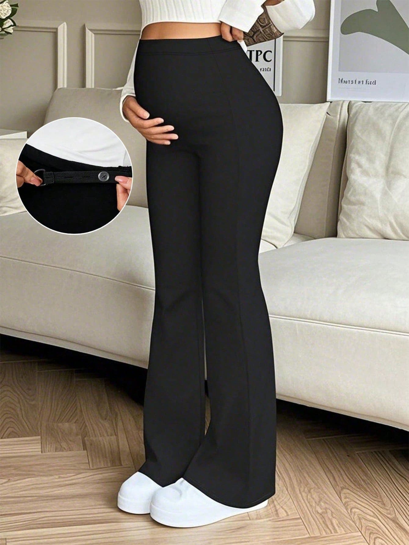 Maternity Casual Versatile Black High Elastic Flare Pants, Adjustable Waist Maternity Pants